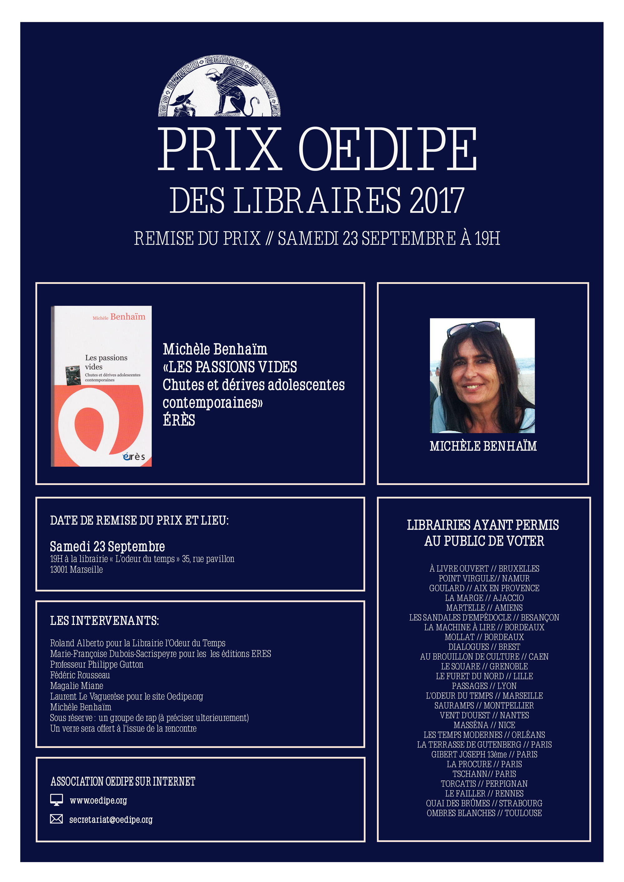 Affiche remise du "Prix oedipe des libraires 2017" à Michèle Benhaïm pour son livre : "les passions vides"